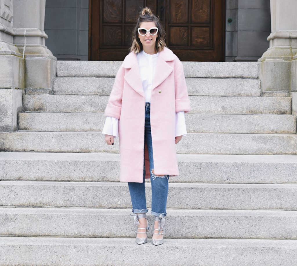 wearing feminine pink coat for winter