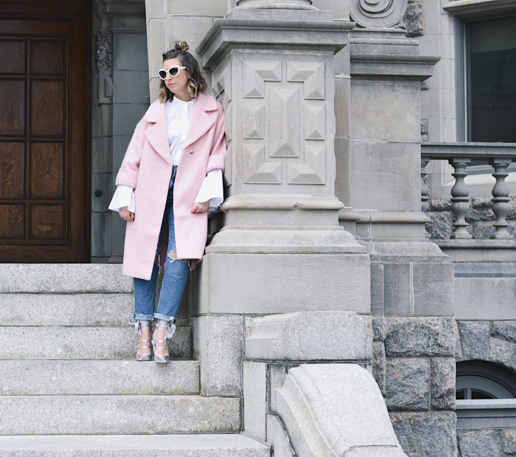 wearing feminine pink coat for winter
