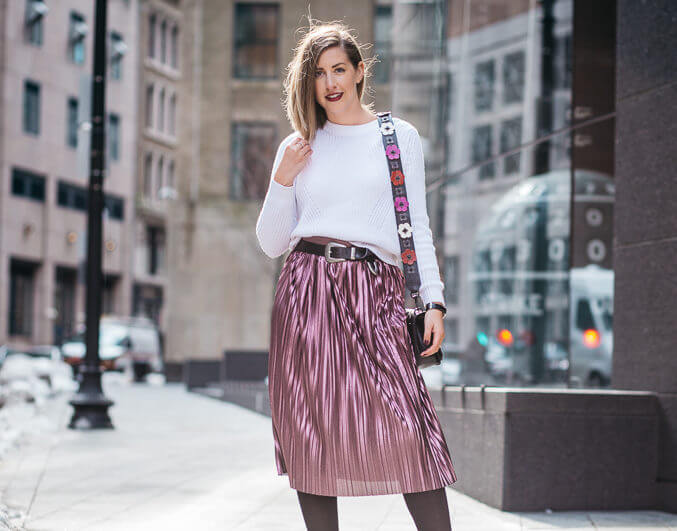 styling a metallic pleated skirt on the blog