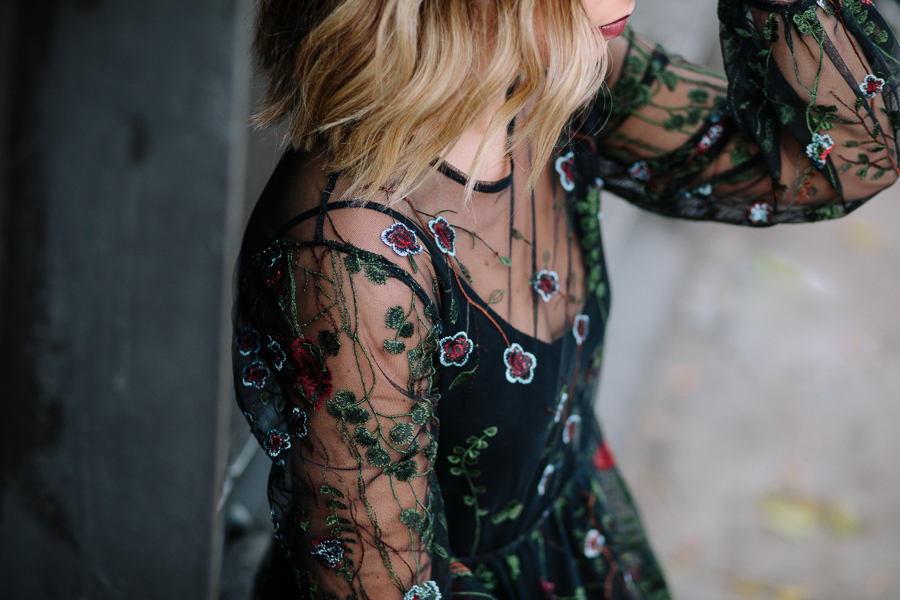 chicwish floral dress, floral dress, dirty blond hair, top NYC blogger, boston blogger, shoulder length hair, fall fashion, combat boots, sheer overlay