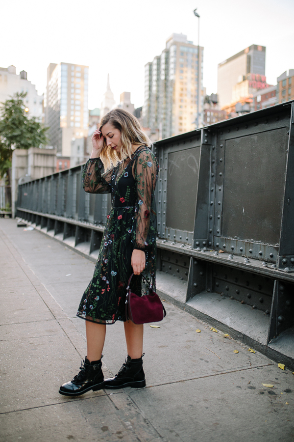 chicwish floral dress, floral dress, dirty blond hair, top NYC blogger, boston blogger, shoulder length hair, fall fashion, combat boots