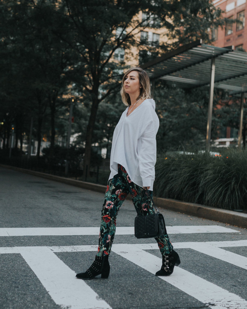 Floral Pants, Rebecca Minkoff bag, Boohoo studded boots, NYC Blogger, White Classic Button down shirt, spring outfit, cross walk photo, NYC street style