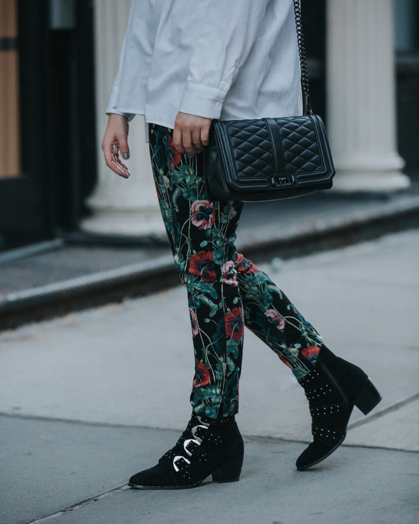 Floral Pants, Rebecca Minkoff bag, Boohoo studded boots, NYC Blogger, White Classic Button down shirt, spring outfit, cross walk photo, NYC street style