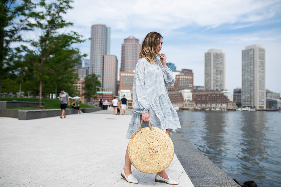 Proverbial Hearts, NYC Blogger, Boston Blogger, Boston skyline, Boston Seaport skyline, Boston Waterfront, summer outfit inspiration, round straw bag, white loafers