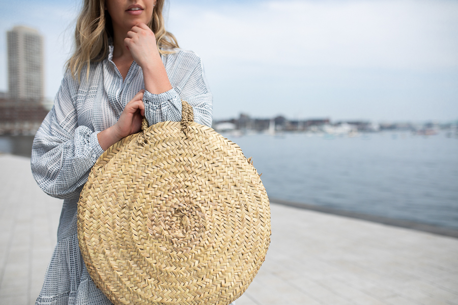 Proverbial Hearts, NYC Blogger, Boston Blogger, Boston skyline, Boston Seaport skyline, Boston Waterfront, summer outfit inspiration, round straw bag, white loafers