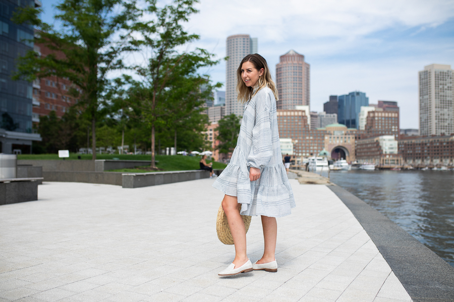 Proverbial Hearts, NYC Blogger, Boston Blogger, Boston skyline, Boston Seaport skyline, Boston Waterfront, summer outfit inspiration, round straw bag, white loafers, oversized summer dress