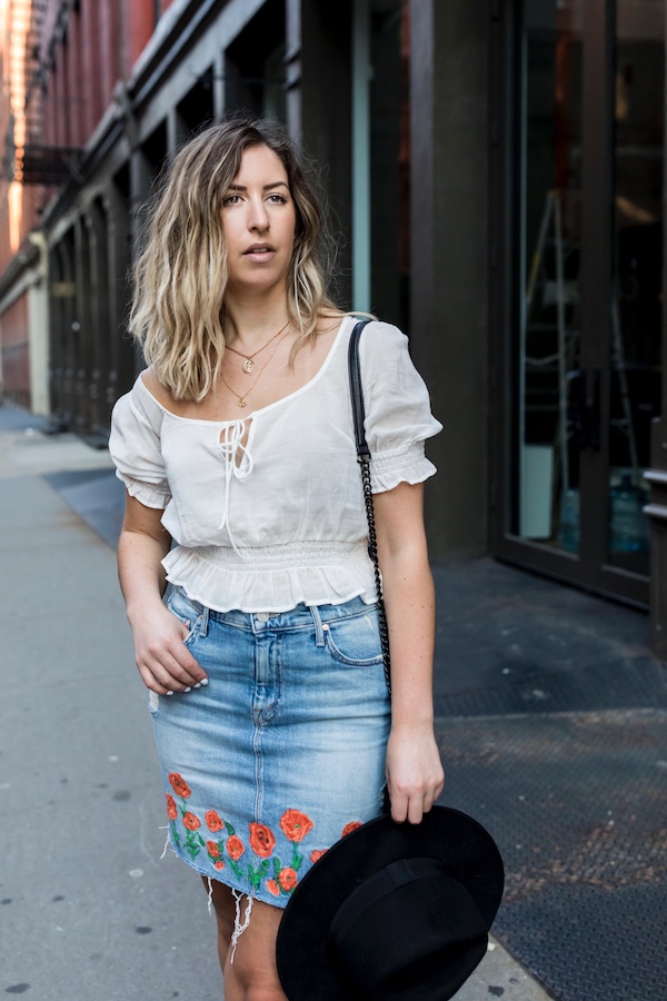 Proverbial Hearts, NYC Blogger, Street Style, Denim Skirt trends, Mother High Waisted Straight A Mini Fray Skirt, Floral Embroidered skirt, Black combat boots, Black Fedora, blogger, Ivory Peasant top, Soho