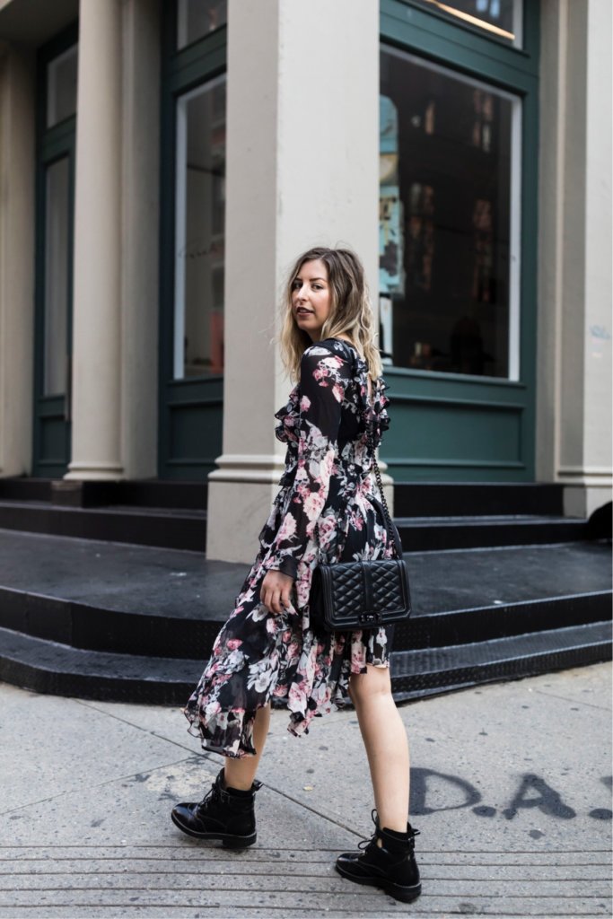 Proverbial Hearts, NYC Blogger, streets in Soho, ASOS Floral Dress, date outfits, steve madden combat boots, black patent combat boots, spring outfit inspiration, blogger over 30, asymmetrical dress