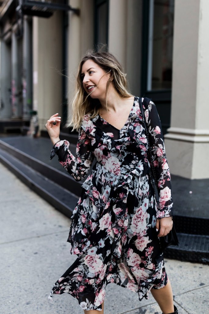 Proverbial Hearts, NYC Blogger, streets in Soho, ASOS Floral Dress, date outfits, steve madden combat boots, black patent combat boots, spring outfit inspiration, blogger over 30