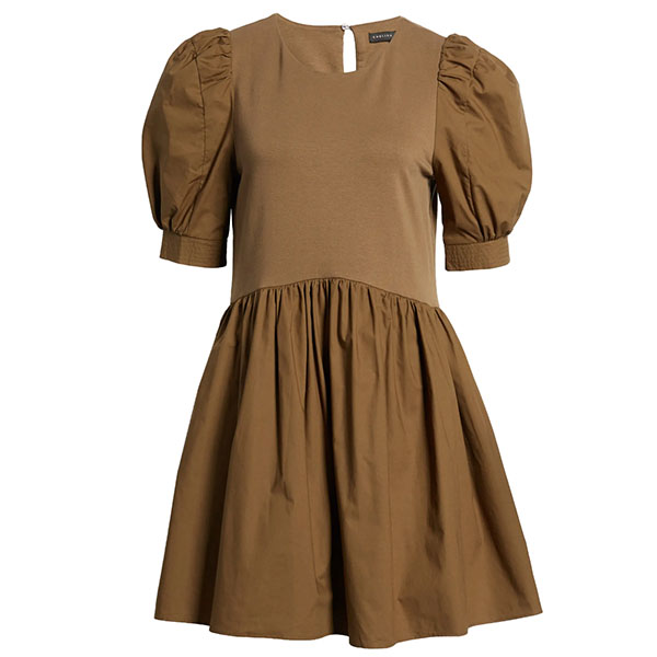 A crisp cotton skirt and sleeves play in a pretty way with a knit stretch-cotton bodice in a puff-sleeve dress