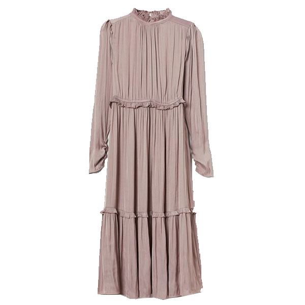 GATHERED, CALF-LENGTH DRESS IN WOVEN FABRIC , Gathered, calf-length dress in woven fabric with decorative ruffle trim. Small, ruffled collar, opening at back of neck with button, and long puff sleeves with button at cuffs. Elasticized seam at waist and gathered, ruffle-trimmed seam on skirt for added volume at lower section