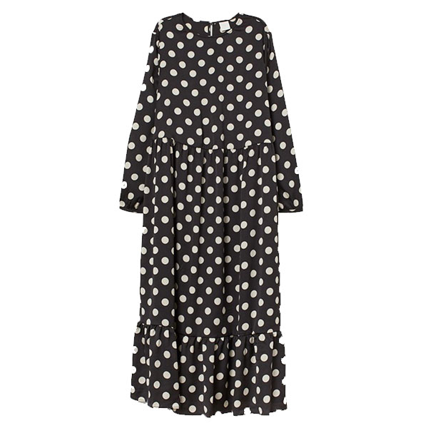 RELAXED-FIT, CALF-LENGTH DRESS IN WOVEN,Relaxed-fit, calf-length dress in woven, crêped fabric. Round neckline, opening at back of neck with covered button, and long sleeves. Gathered seam at waist and at hem. Unlined