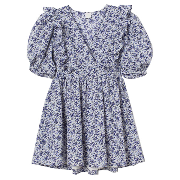 Short dress in an airy, woven cotton fabric with a printed pattern. V-neck at front with sewn wrapover, ruffles at front and back