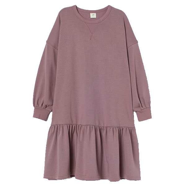 SHORT, WIDE-CUT SWEATSHIRT DRESS IN SOFT, COTTON-BLEND, Short, wide-cut sweatshirt dress in soft, cotton-blend fabric. Ribbed neckline and long, slightly wider sleeves with ribbed cuffs. Gathered seam at hips for added volume at lower section. Soft, brushed inside.