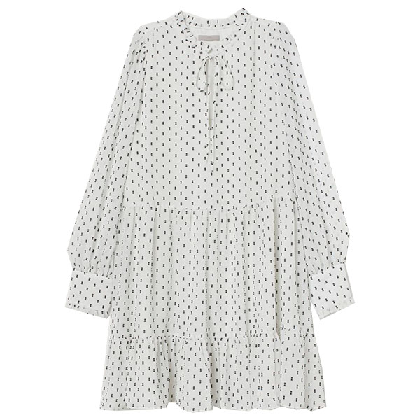 Short, wide-cut dress in chiffon with a printed pattern. Mandarin collar, opening at top, and ties at neckline. Gathered yoke at back, long puff sleeves, and cuffs with covered buttons. Gathered seam at waist and gathered seam hem with a wide ruffle