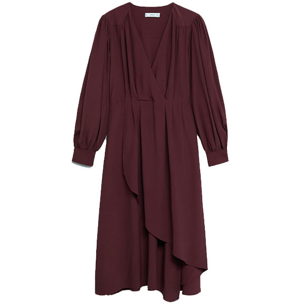 WINE COLOR DRESS, Slim fit. Long sleeve. Flowy fabric. Long design. V-neck. Asymmetric design. Midi design. Crossed V-neck. Long puffed sleeves. Pleated details. Frill on the bottom.