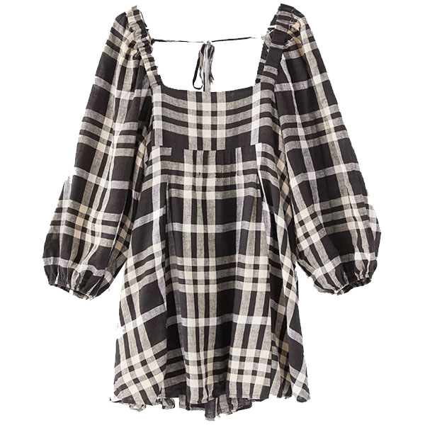 mini frock dress from Urban Outfitters cut in a swingy mini silhouette. Lightweight linen blend features an allover plaid design for a casual feel. Fitted through the bust with an empire waist, square neckline and slouchy balloon sleeves.