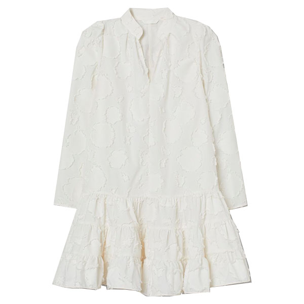 H&M CONCIOUS COLLECTION, Short, A-line dress in jacquard-weave fabric made from recycled polyester. Double-layered stand-up collar, pleats and V-shaped opening at front, and long puff sleeves. Gathered tiers at lower section for added volume in skirt. Unlined.