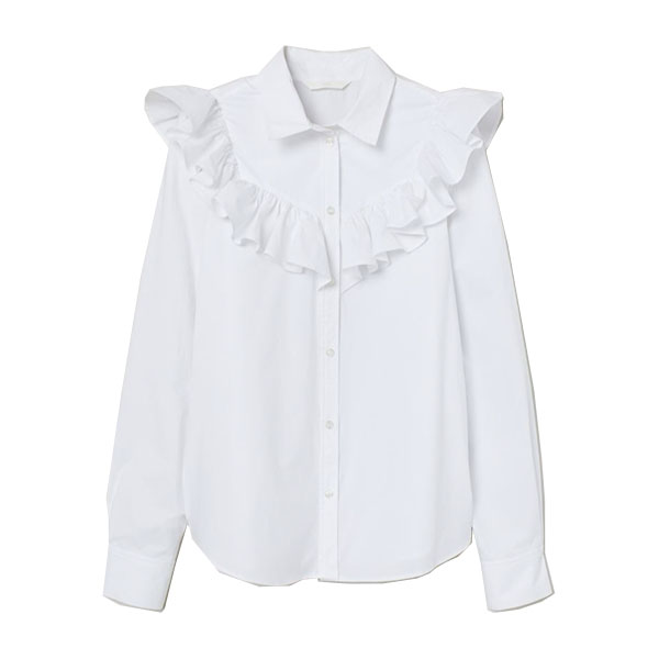 WHITE RUFFLED BUTTON DOWN, WORK BLOUSES, BUSINESS CASUAL BLOUSE, TRENDY WORK BLOUSE